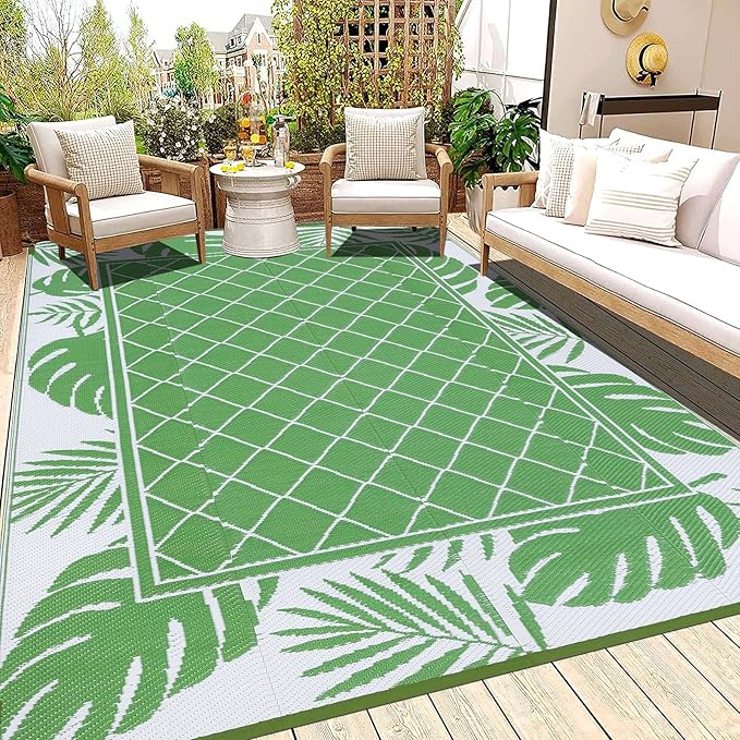 Ileading Outdoor Rug Carpet for Patio 6' x9' Waterproof Reversible Plastic Straw Rug Portable Outside Area Rug Camping Mat for Patio, Clearance, Balcony, Picnic, Pool, Beach, RV, Deck, Leaf Green