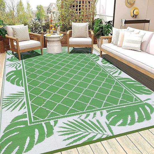 Ileading Outdoor Rug Carpet for Patio 6' x9' Waterproof Reversible Plastic Straw Rug Portable Outside Area Rug Camping Mat for Patio, Clearance, Balcony, Picnic, Pool, Beach, RV, Deck, Leaf Green