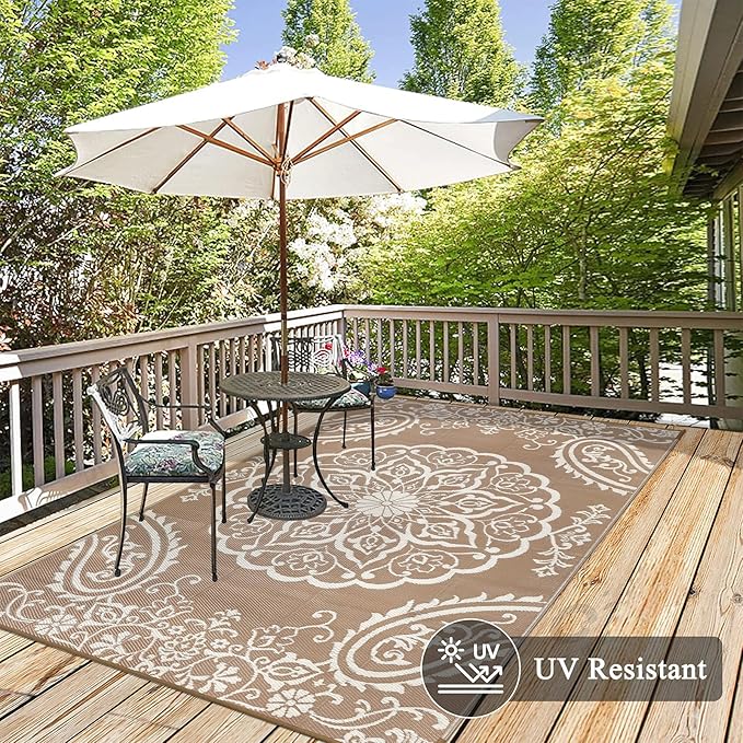 Pauwer Waterproof Outdoor Rug 5x8, Reversible Plastic Straw Patio Camping Rug, Indoor Outdoor RV Mat Carpet for Deck, Camper, Porch, Balcony, Backyard, Picnic, Boho Brown