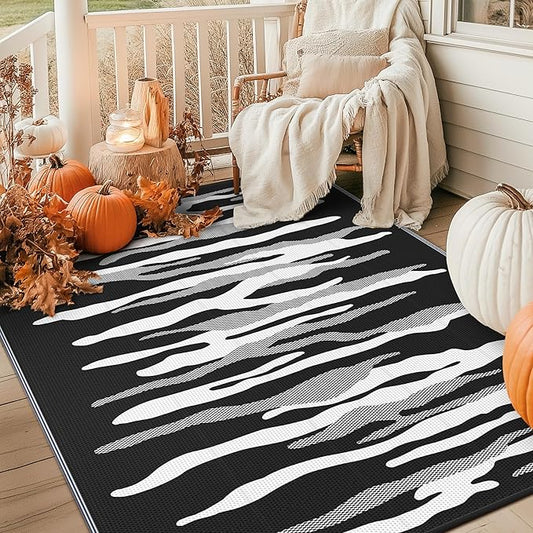 GENIMO Outdoor Rug for Patio Clearance, 8'x10' Waterproof Camping Mat, Reversible Plastic Straw Rugs for RV, Camper, Balcony, Backyard, Picnic, Deck (Black&White)