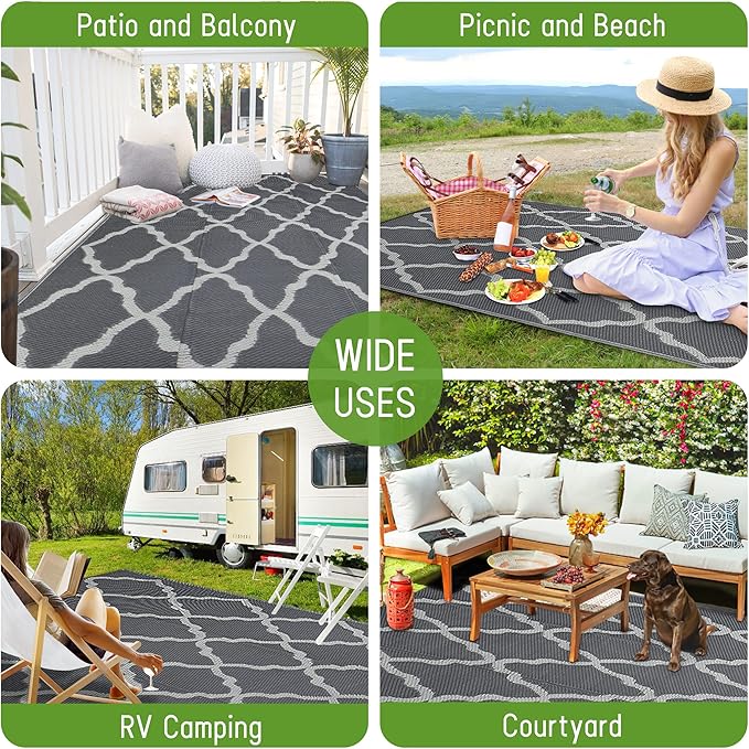 Easy-Going Reversible Outdoor Rugs 4x6ft Waterproof Plastic Straw Rug Stain & UV Resistant Floor Mat for Patio Porch RV Backyard Pool Deck Picnic Beach Trailer Camping (Moroccan Grey & Light Grey)