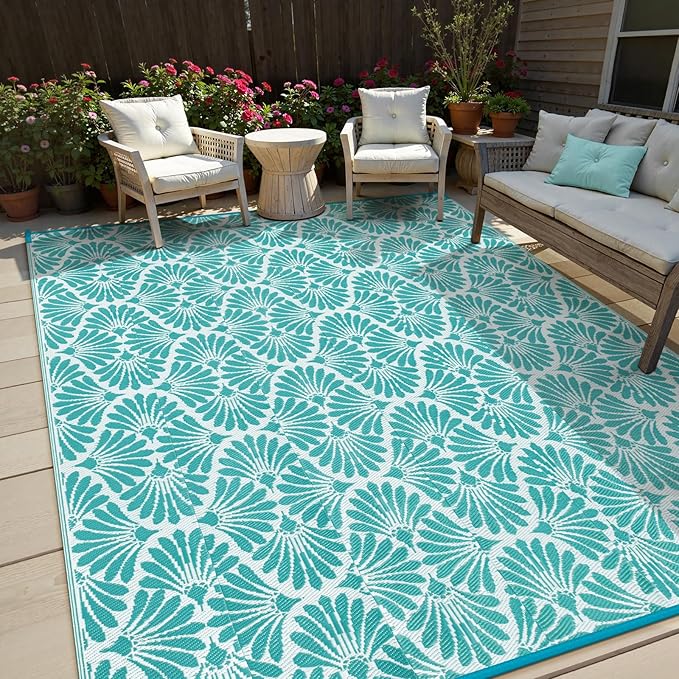 Lahome Outdoor Plastic Straw Rugs 8x10 Waterproof, Reversible Rv Outdoor Rugs for Camping, Large Outside Carpet for Camper Picnic Beach Pool Patio Deck, Teal 8'x10'