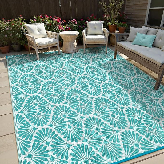 Lahome Outdoor Plastic Straw Rugs 8x10 Waterproof, Reversible Rv Outdoor Rugs for Camping, Large Outside Carpet for Camper Picnic Beach Pool Patio Deck, Teal 8'x10'