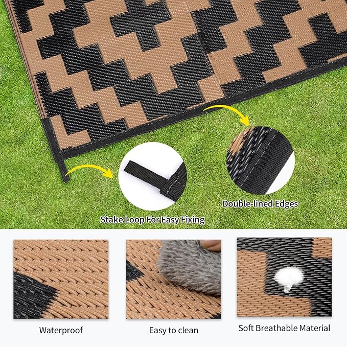 Outdoor Patio Plastic Straw Rug - 6'x9' Outdoor Camping Rug Waterproof Reversible, Area Carpet Patios Clearance RV, Outside Porch Balcony Deck for Camper, Black & Brown