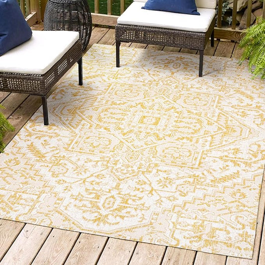 JONATHAN Y SMB105H-8 Estrella Bohemian Medallion Textured Weave Indoor Outdoor Area-Rug, Coastal Traditional Easy-Cleaning,Bedroom,Kitchen,Backyard,Patio,Non Shedding, 8 X 10, Cream/Yellow