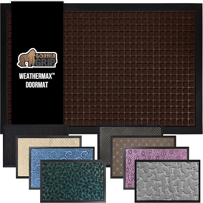 GORILLA GRIP 100% Waterproof All-Season WeatherMax Doormat, 72x24 Runner, Durable Natural Rubber, Stain and Fade Resistant, Low Profile, Indoor Outdoor Door Mats, Easy Clean Entry Mat, Coffee Squares