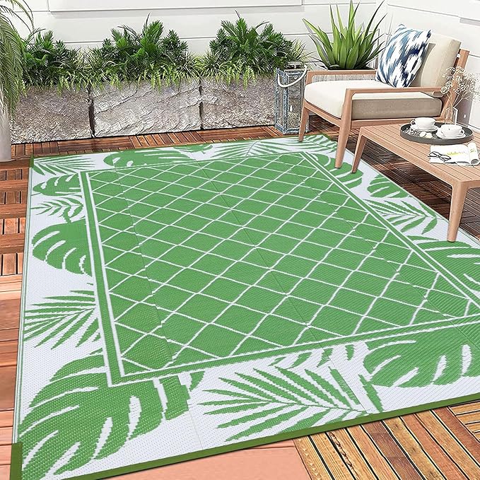 Ileading Outdoor Rug Carpet for Patio 5' x7' Waterproof Reversible Plastic Straw Rug Portable Outside Area Rug Camping Mat for Patio, Clearance, Balcony, Picnic, Pool, Beach, RV, Deck, Leaf Green