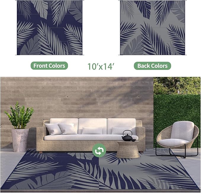 GENIMO Outdoor Rug 10' x 14' Waterproof for Patios Clearance, Reversible Outdoor Plastic Straw Camping Rug Carpet, Large Area Rugs Mats for RV, Camper, Deck, Balcony, Porch, Beach, Navy Blue&Grey