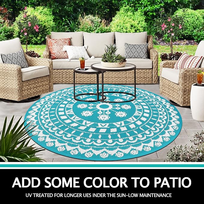 Capslpad 6Ft Round Outdoor Rug for Patio Clearance Boho Reversible Mat Waterproof Outdoor Plastic Straw RV Camping Rug Outside Circle Area Rug for Porch Deck Terrace Picnic Beach Apartment, Teal