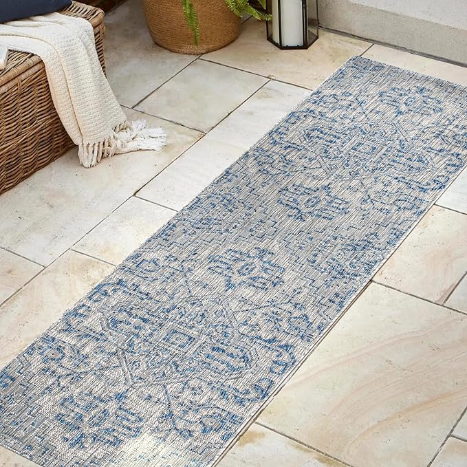 JONATHAN Y SMB105B-28 Estrella Bohemian Medallion Textured Weave Indoor Outdoor Runner Rug Coastal Bohemian Rustic Glam Easy Cleaning Bedroom Kitchen Backyard Patio Non Shedding, 2 X 8, Navy/Gray