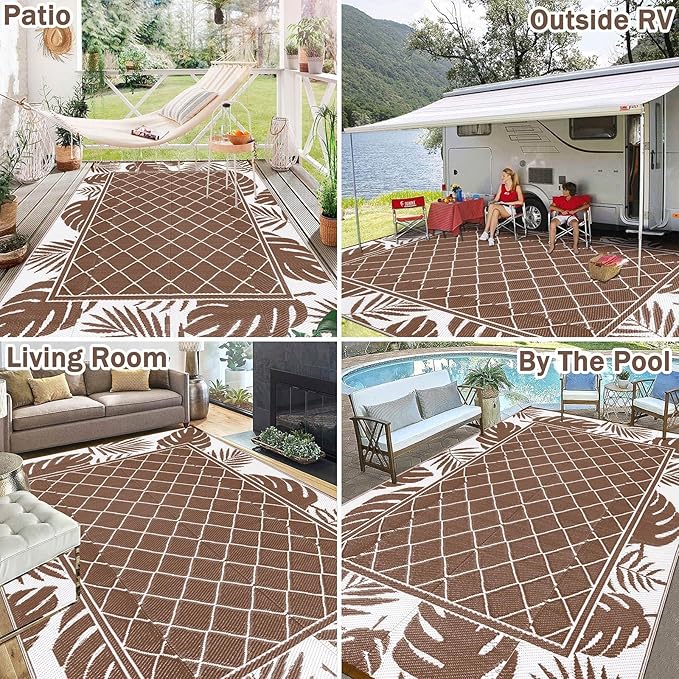 Ileading Outdoor Rug Carpet for Patio 6' x9' Waterproof Reversible Plastic Straw Rug Portable Outside Area Rug Camping Mat for Patio, Clearance, Balcony, Picnic, Pool, Beach, RV, Deck, Leaf Brown