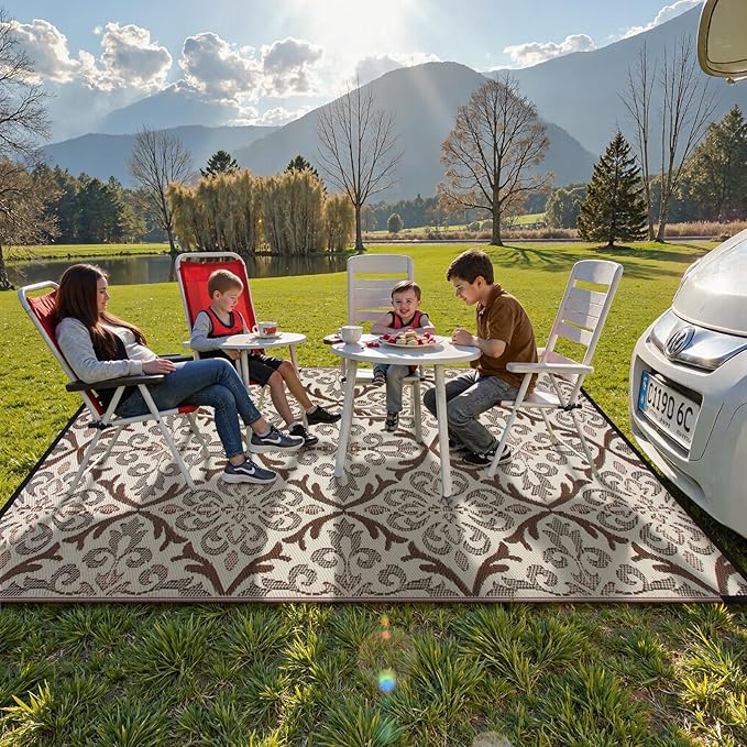 Lahome Outdoor Area Rugs 8x10 Patio Waterproof, Reversible Plastic Straw Rv Outdoor Rugs for Camping, Large Indoor Outdoor Carpet for Porch Deck Backyard Camper Picnic, Khaki 8'x10'