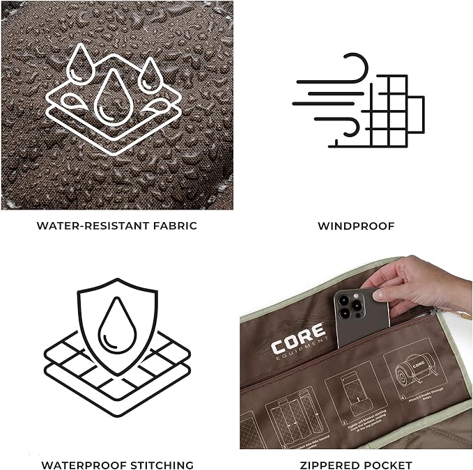 CORE Outdoor Weighted Blanket | Packable Waterproof Picnic Blanket, Beach Mat, Tent Camping Rug, & Stadium Blanket | Large Portable 94" x 78" Quilt Design with Built-in Straps and Carry Handle