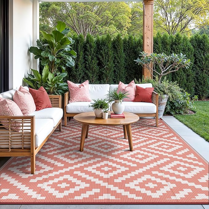 GENIMO Outdoor Rug for Patio Clearance, 6'x9' Reversible Plastic Straw Rugs, Lightweight Waterproof RV Camping Mat for Camper, Balcony, Deck, Backyard, Picnic, Brickred