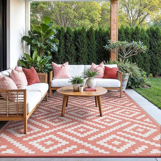 GENIMO Outdoor Rug for Patio Clearance, 6'x9' Reversible Plastic Straw Rugs, Lightweight Waterproof RV Camping Mat for Camper, Balcony, Deck, Backyard, Picnic, Brickred