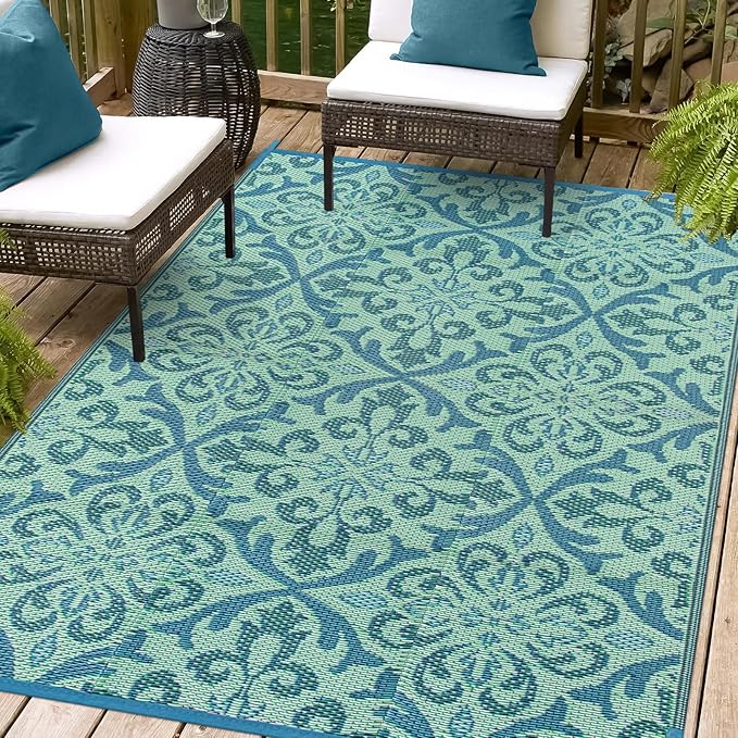 Lahome Waterproof Outdoor Rug 6x9 ft, Reversible Plastic Straw Patio Rug for Camping, RV Mat Outside, Indoor Outdoor Carpet for Porch Deck Backyard Camper Picnic, Green & White 6x9