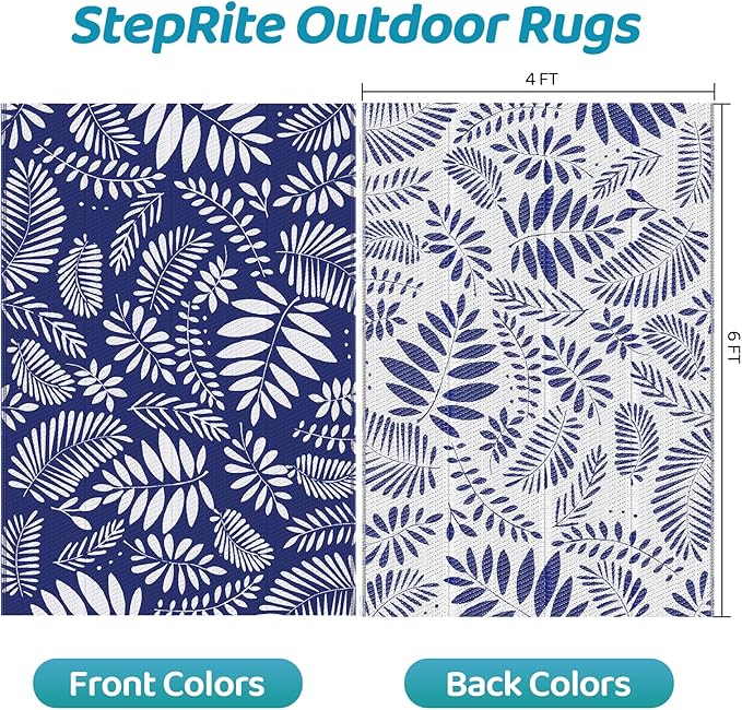 StepRite Outdoor Rug, Patio Rug, Plastic Straw Camping Rugs, Large Waterproof Area Rug and Mat for Outdoors, RV, Patio, Backyard, Deck, Porch, Beach, Balcony, (4'x 6', White & Blue)
