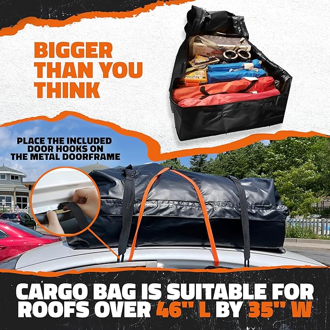 Mockins 16 Cu.Ft. Heavy Duty Car Roof Bag 45"x34"x18" | Works with or Without Roof Rack | Great for Road Trip Vacations, Camping Adventures & More | Set Includes Roof Mat, Lock, Hooks & Straps