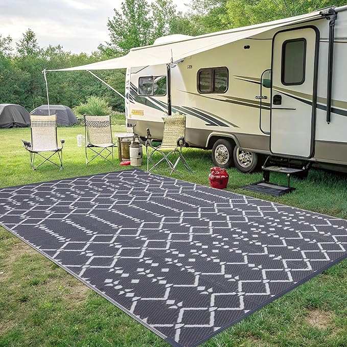 Smiry Outdoor Rug 8x10 ft, Waterproof Reversible Plastic Straw Rugs, Boho Outdoor Area Rug, Outside Floor Mat for Patio, Backyard, Deck, Picnic, Beach, Camping, Grey