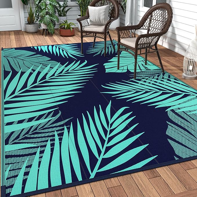 GENIMO Outdoor Rug 10' x 14' Waterproof for Patios Clearance, Reversible Outdoor Plastic Straw Camping Rug Carpet, Large Area Rugs Mats for RV, Camper, Deck, Balcony, Porch, Beach, Navyblue&Jadegreen