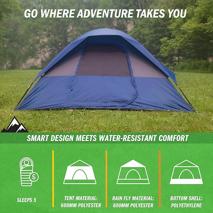 5 Person Camping Tent - Includes Rain Fly and Carrying Bag - Easy Set Up Tent for Backpacking, Hiking, or Beach Use by Wakeman Outdoors (Blue)