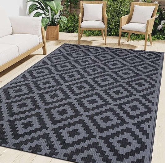 Smiry Waterproof Outdoor Rug 9x12 ft, Reversible Plastic Straw Patio Camping Rugs, Outdoor Indoor RV Mat Carpet for Patio, Outside Entry, Backyard, Deck, Bench, Picnic, Camper, Black & Grey