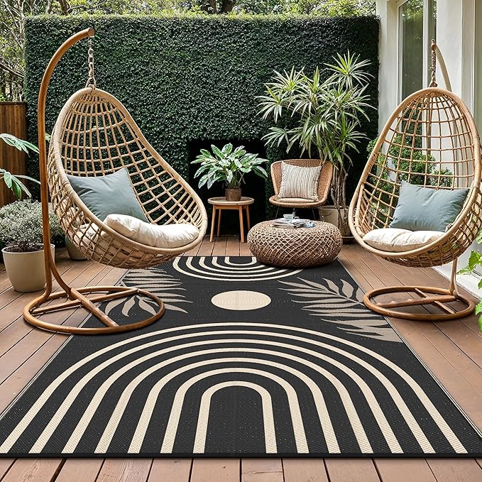 GENIMO Outdoor Rug 5' x 8' Waterproof for Patio Clearance, Reversible Plastic Straw Camping Carpet, Lightweight Rugs Mats for Rv, Backyard, Deck, Porch, Picnic, Balcony, Mix-Black & Brown