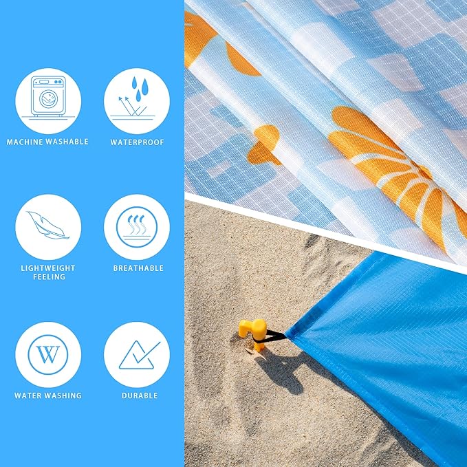 Sandproof Waterproof Beach Blanket, 80"x80" Large Beach Mat for 4-6 Adults, Lightweight Quick Dry Windproof Picnic Mat