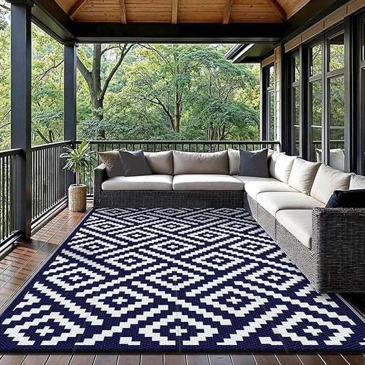 GENIMO Outdoor Rug for Patio Clearance,9'x12' Waterproof Large Mat,Reversible Plastic Camping Rugs,Rv,Porch,Deck,Camper,Balcony,Backyard (Navy Blue & White)