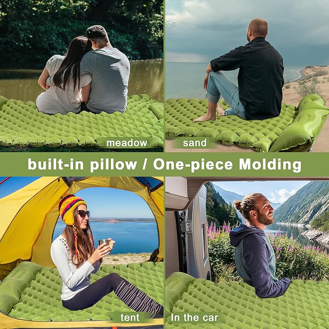 Double Camping Pads for Sleeping, Ultralight Floor Mattresses for Sleeping with Built-in Pillow Foot Pump, Mattress Foldable for Tent, Backpacking, Hiking, Car Traveling, Army Green