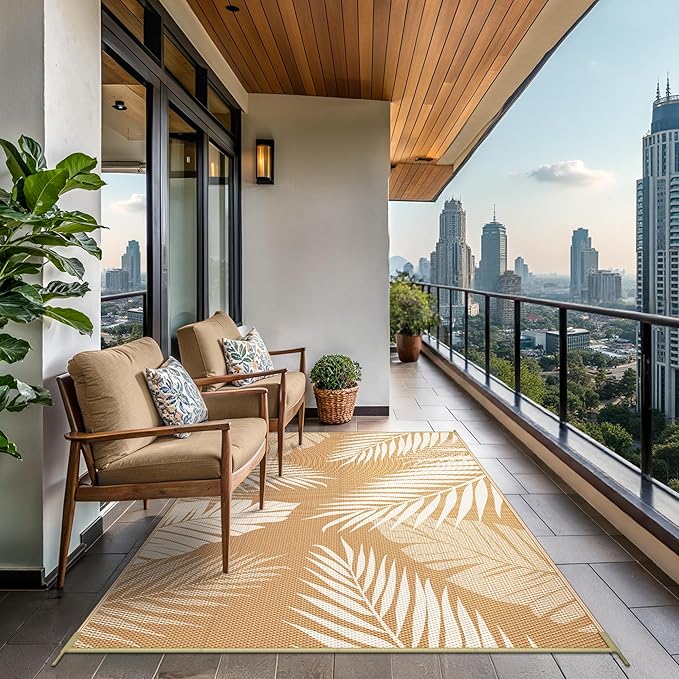 GENIMO Outdoor Rug 5' x 8' Waterproof for Patios Clearance, Reversible, Plastic Straw Camping Rug Carpet, Large Area Rugs Mats for RV, Picnic, Backyard, Deck, Balcony, Porch, Beach, Brown&Beige