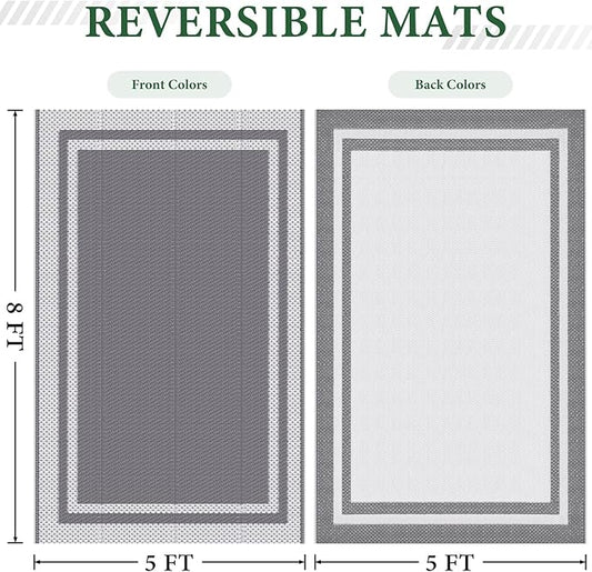 HappyTrends Outdoor Rug Reversible Portable Plastic Straw Camping Rugs for Outside RV,Large Waterproof Outdoor Area Rugs for Patio,Deck,Porch,Balcony(5'x 8',White&Gray)