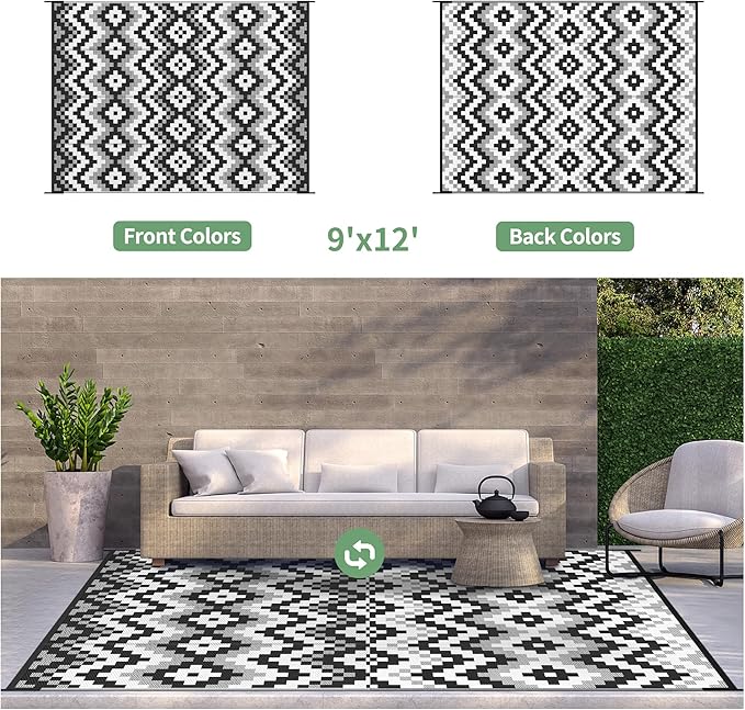GENIMO Outdoor Rug Waterproof 9x12 ft, Lightweight Plastic Straw Rugs, Outside Reversible Large Mat Carpet for Patio, Camping, RV, Deck, Balcony, Porch, Backyard, Black & White