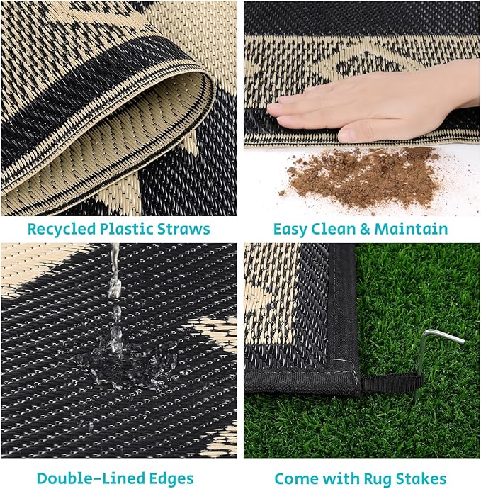 HEBE Outdoor Rug 9'x12' for Patios Clearance Waterproof Patio Mat Plastic Straw Rug Reversible RV Camping Tent Rug Outside Indoor Outdoor Area Rugs for RV,Deck,Beach,Balcony,Camper