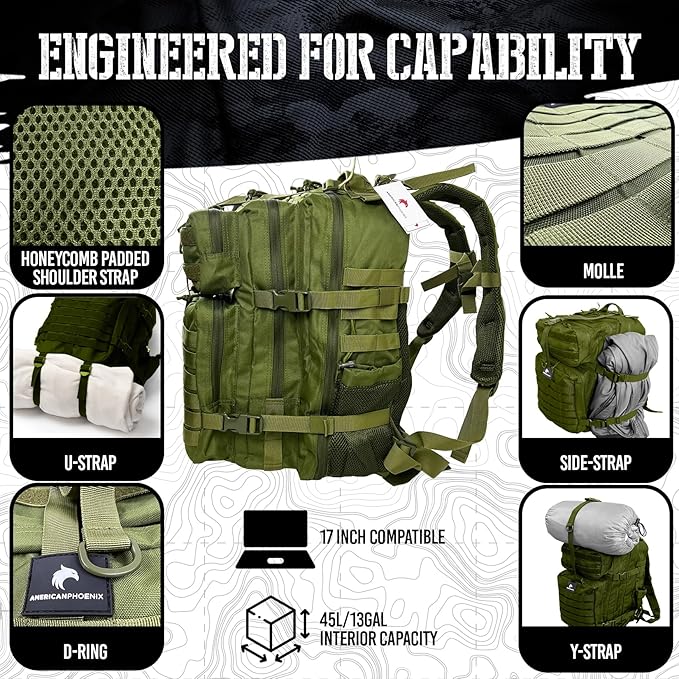 45L Elite Tactical Backpack | 3X Stronger Work & Military Backpack | Water Resistant and Heavy Duty | 3 Day MOLLE Bug Out Bag (Olive Green)