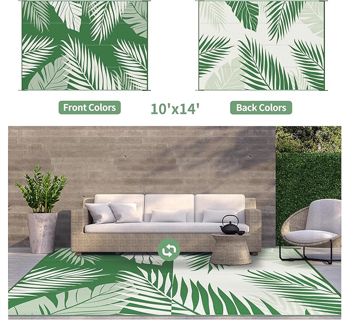 GENIMO Outdoor Rug 10' x 14' Waterproof for Patios Clearance, Reversible Outdoor Plastic Straw Camping Rug Carpet, Large Area Rugs Mats for RV, Camper, Deck, Balcony, Porch, Beach, Dark Green&White