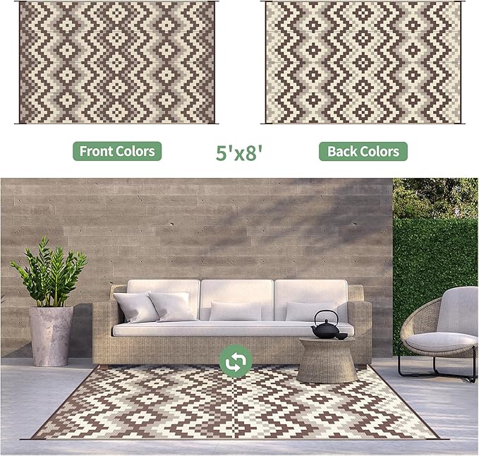 GENIMO Outdoor Rug for Patio, 5' x 8' Lightweight Waterproof Plastic Straw Rugs, Reversible Camping Carpet, Large Area Rugs Mat for RV, Deck, Balcony, Porch, Backyard, Coffee & Beige