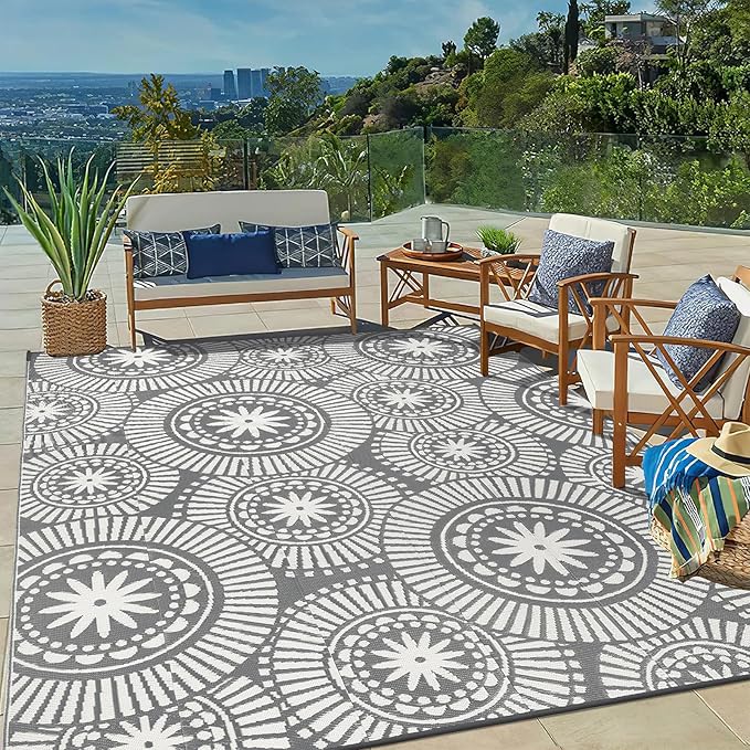 Ileading Outdoor Plastic Straw Rug 8x10ft Modern Geometric Style Reversible Patio Area Rugs Waterproof Non Shedding Portable Carpets for Rv Outside Deck Pool Beach Picnic Camping (Grey)