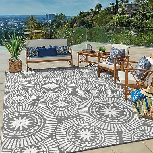 Ileading Outdoor Plastic Straw Rug 8x10ft Modern Geometric Style Reversible Patio Area Rugs Waterproof Non Shedding Portable Carpets for Rv Outside Deck Pool Beach Picnic Camping (Grey)