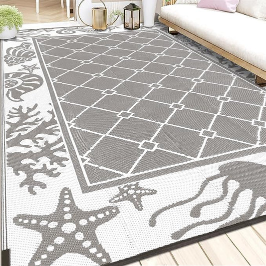 Vaukki Reversible Rugs, Plastic Straw Outdoor Doormat, Fade Resistant Plastic Outdoor Patio Mat, Lightweight Ocean Area Carpet for Patio, RV, Camping, Beach, Deck, Backyard and Picnic (Grey, 6'x9')