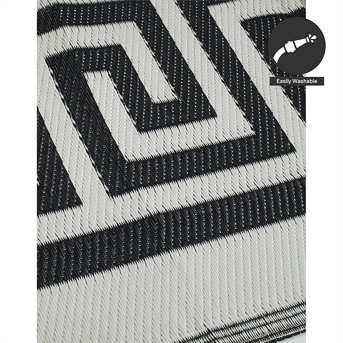 FH Home Outdoor Camping Rug - Waterproof, Fade Resistant, Reversible - Premium Recycled Plastic - Greek Border - Large Patio, Deck, Sunroom, RV - Athens - Black & White - 9 x 12 ft Foldable