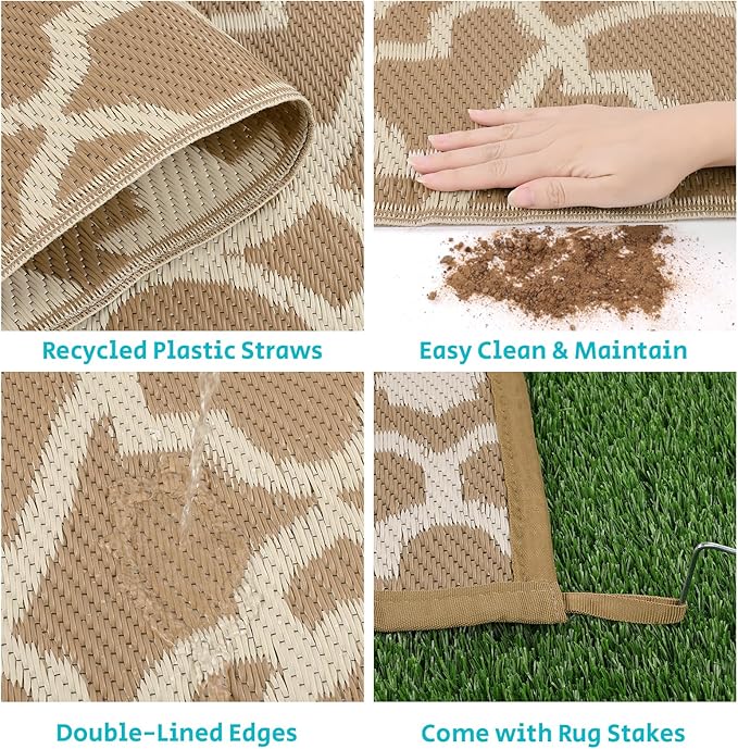 HEBE Outdoor Rug 8'x10' for Patios Waterproof Clearance Reversible Patio Mat Plastic Straw Rug RV Camping Mat Outside Area Rug Carpet for Camping RV,Porch,Deck,Balcony,Camper,Backyard