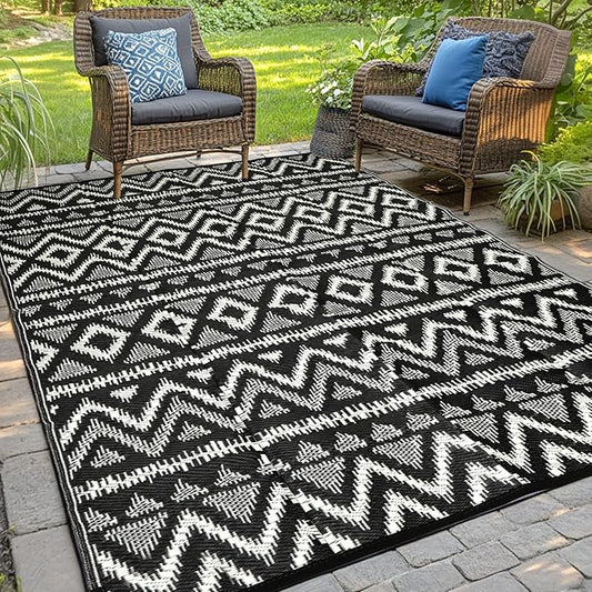 Waterproof Outdoor Rug 5x8 ft, Reversible Plastic Straw Rug, Easy to Clean Patio Rug, Portable Carpet for Patio, RV, Deck, Balcony, Backyard, Picnic, Beach, Geometric Diamond, Gray
