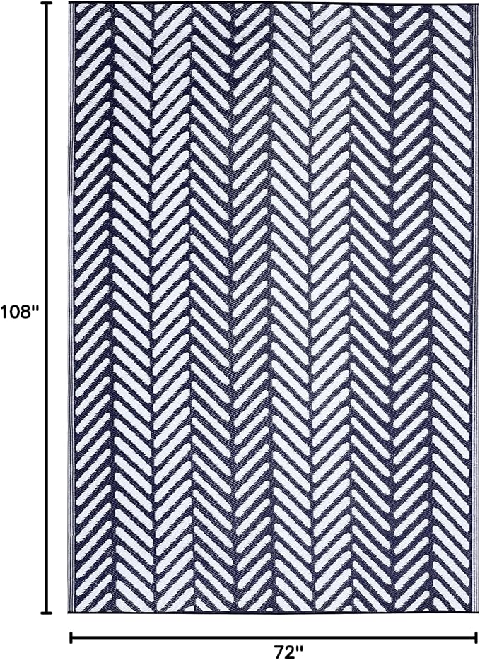 FH Home Outdoor Rug - Waterproof, Fade Resistant, Reversible - Premium Recycled Plastic - Herringbone - Large Patio, Deck, Sunroom, Camping, RV - Fresno - Navy Crease Free - 6 x 9 ft