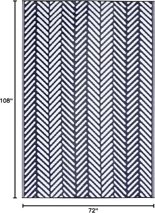 FH Home Outdoor Rug - Waterproof, Fade Resistant, Reversible - Premium Recycled Plastic - Herringbone - Large Patio, Deck, Sunroom, Camping, RV - Fresno - Navy Crease Free - 6 x 9 ft