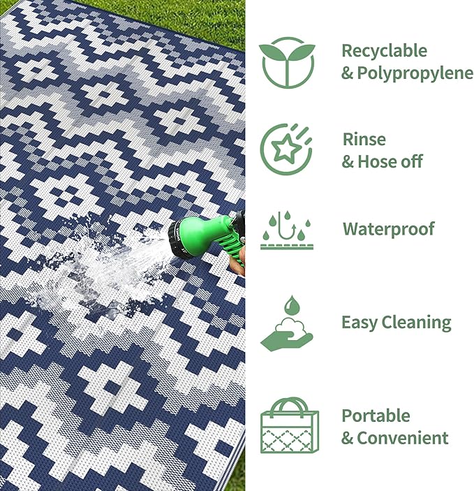 GENIMO Outdoor Rug for Patio, 5' x 8' Lightweight Waterproof Plastic Straw Rugs, Reversible Camping Carpet, Large Area Rugs Mat for Rv, Deck, Balcony, Porch, Backyard, Blue & White
