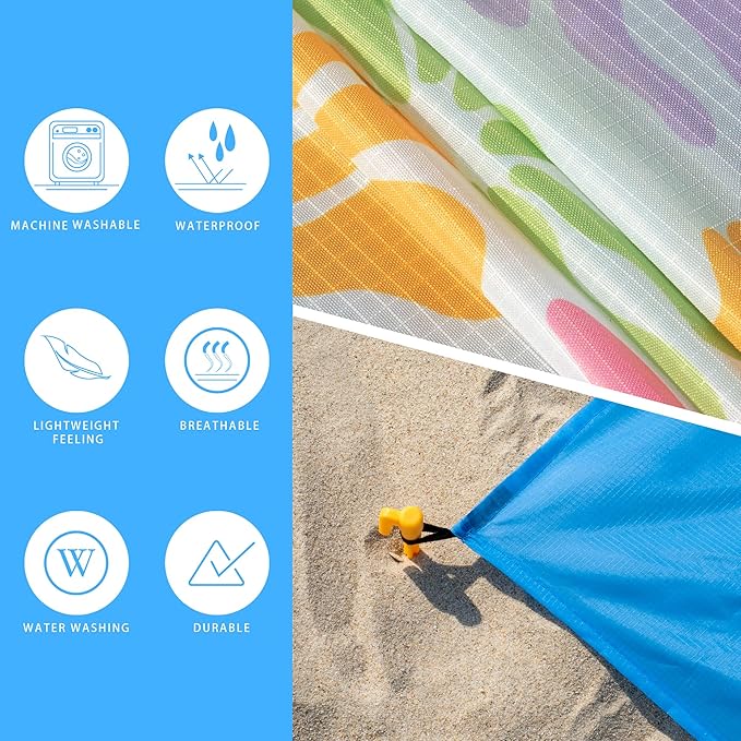 Sandproof Waterproof Beach Blanket, 80"x80" Large Beach Mat for 4-6 Adults, Lightweight Quick Dry Windproof Picnic Mat