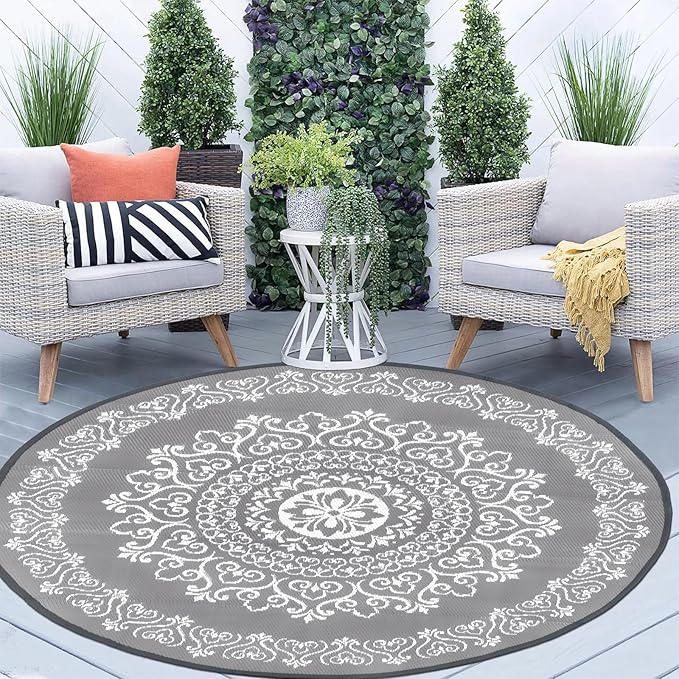 Pauwer Waterproof Outdoor Rug 6ft, Reversible Plastic Straw Patio Camping Rug, Indoor Outdoor RV Mat Carpet for Deck, Camper, Porch, Balcony, Backyard, Picnic, Floral Grey