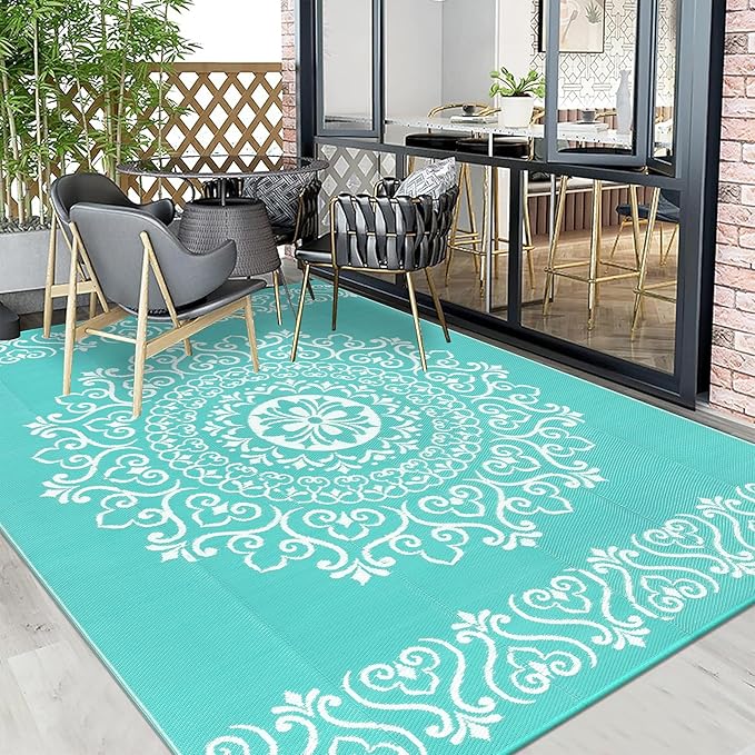 Pauwer Waterproof Outdoor Rug 6x9, Reversible Plastic Straw Patio Camping Rug, Indoor Outdoor RV Mat Carpet for Deck, Camper, Porch, Balcony, Backyard, Picnic, Floral Light Blue