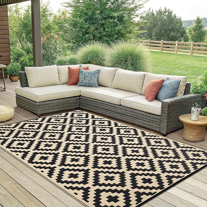 Smiry Waterproof Outdoor Rug 6x9 ft, Reversible Plastic Straw Patio Camping Rugs, Outdoor Indoor RV Mat Carpet for Patio, Outside Entry, Backyard, Deck, Bench, Picnic, Camper, Black & Beige